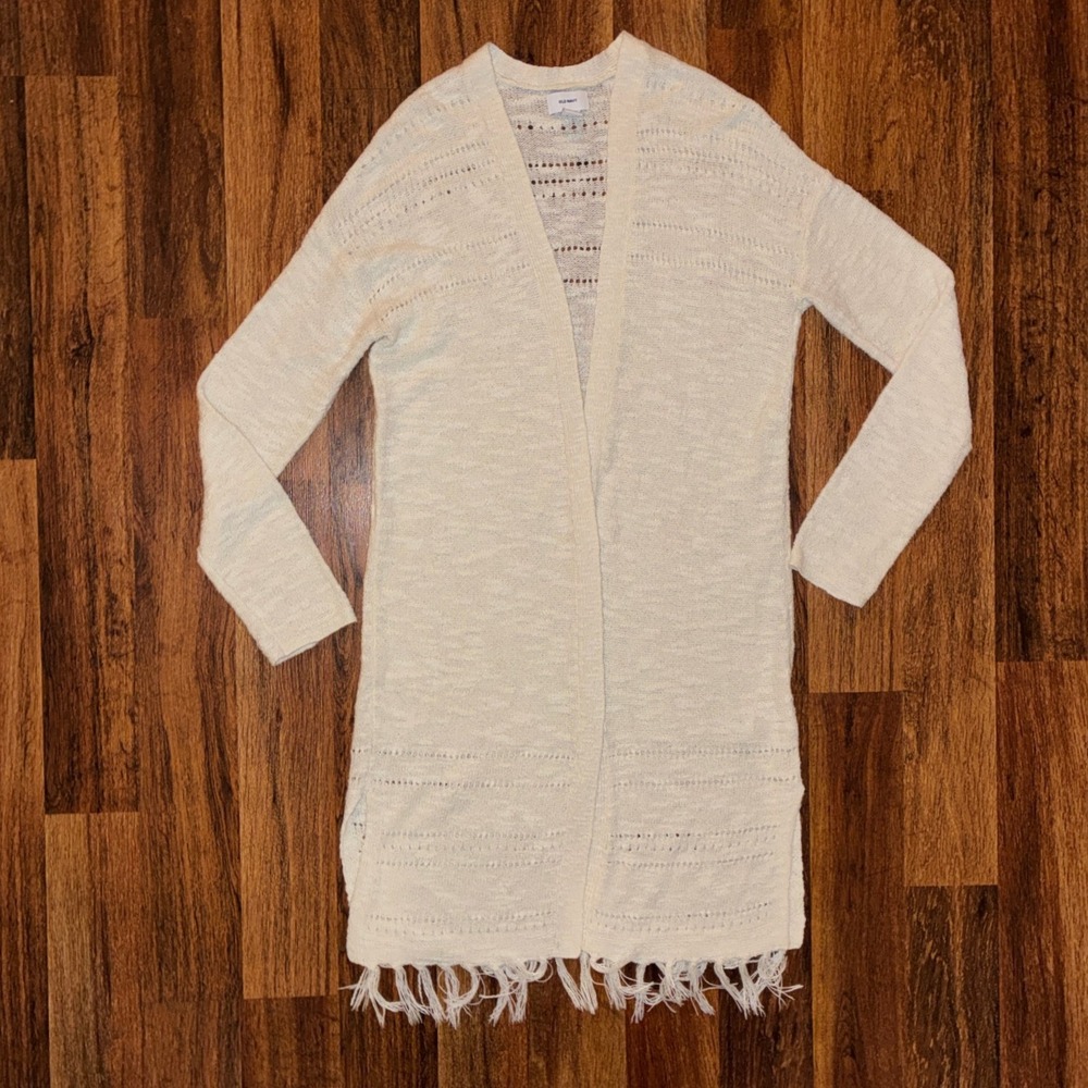 Old Navy Womens Small Ivory Pointelle Knit Longline Fringe Duster Cardigan